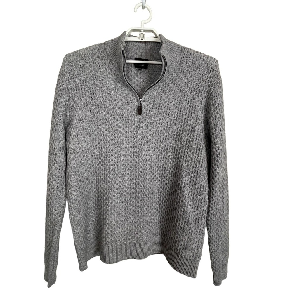 Qi Cashmere Wool Sweater Mens XXL Gray Waffle Knit Quarter Zip Pullover Luxury